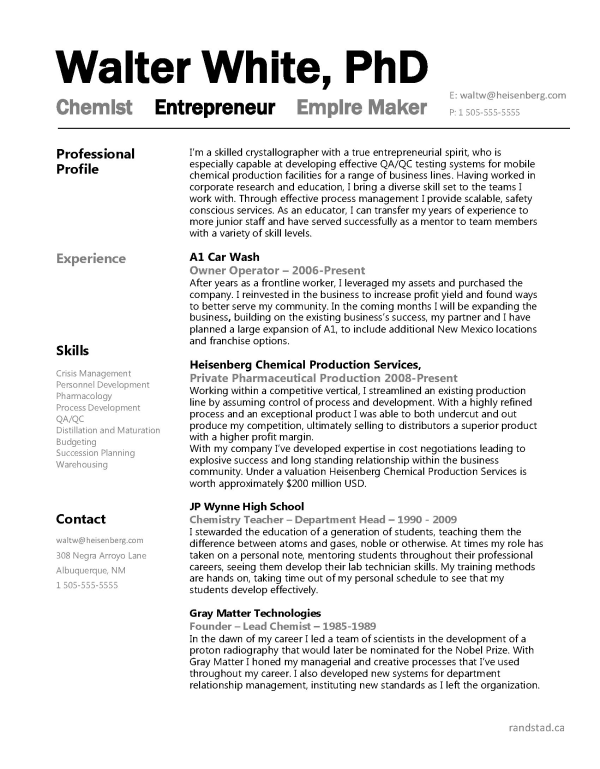 Walter White, Breaking Bad, Resume